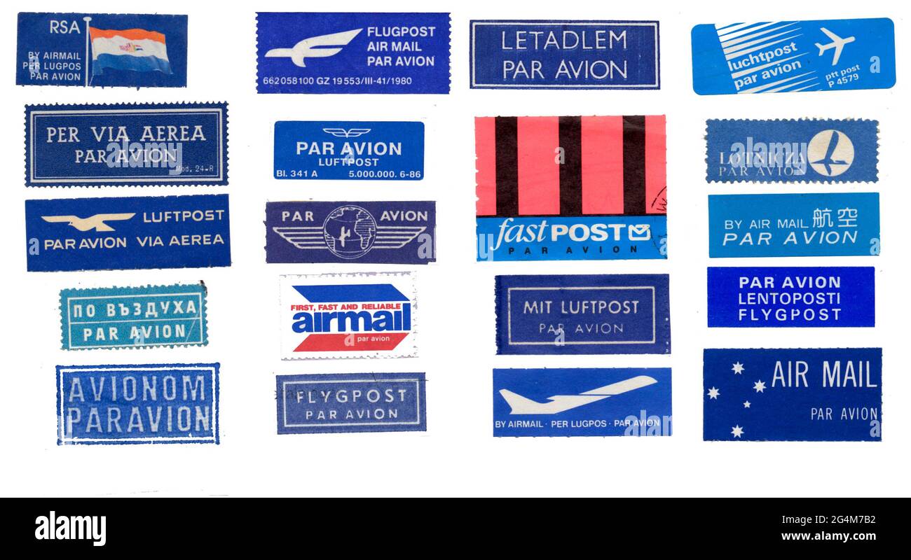 Airmail postal stickers from all round the world. Printed in the 1980s and all different designs from across the world. Postal ephemera. Par Avion Stock Photo