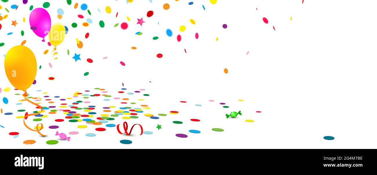 party decoration scenery background with colorful confetti, streamers, balloons and candy with
