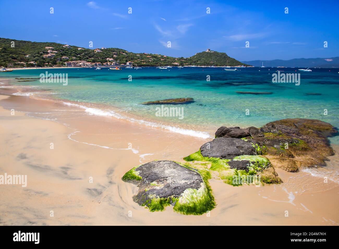 FRANCE. CORSE-DU-SUD (2A) VALINCO'S GULF, WITH PROPRIANO AND CAMPOMORO, RECOGNIZABLE BY ITS GENOVESE TOWER. Stock Photo