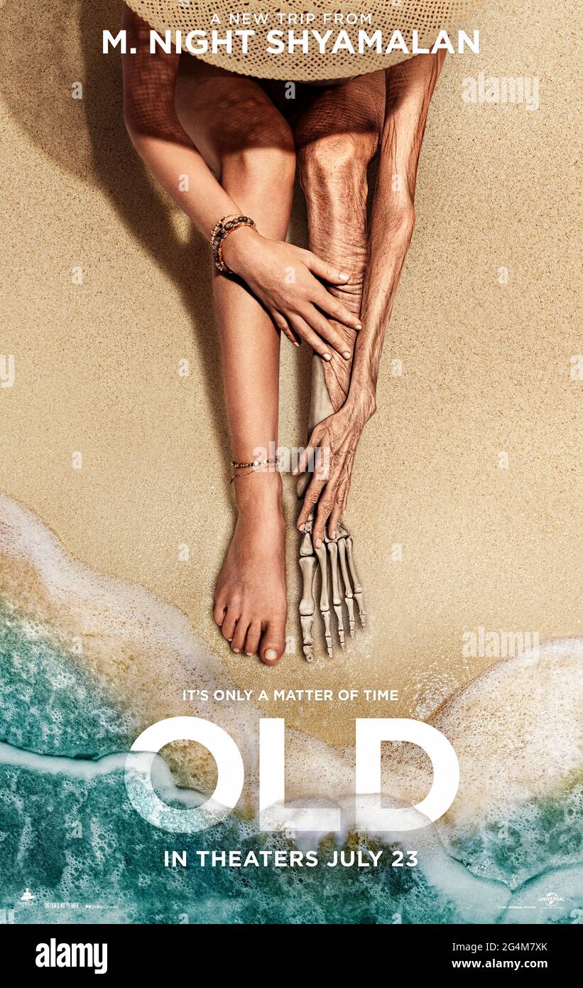 Old (2021) directed by M. Night Shyamalan and starring Rufus Sewell, Thomasin McKenzie and Embeth Davidtz. A family on holiday discover that the beach where they are staying is somehow causing them to age rapidly. Stock Photo
