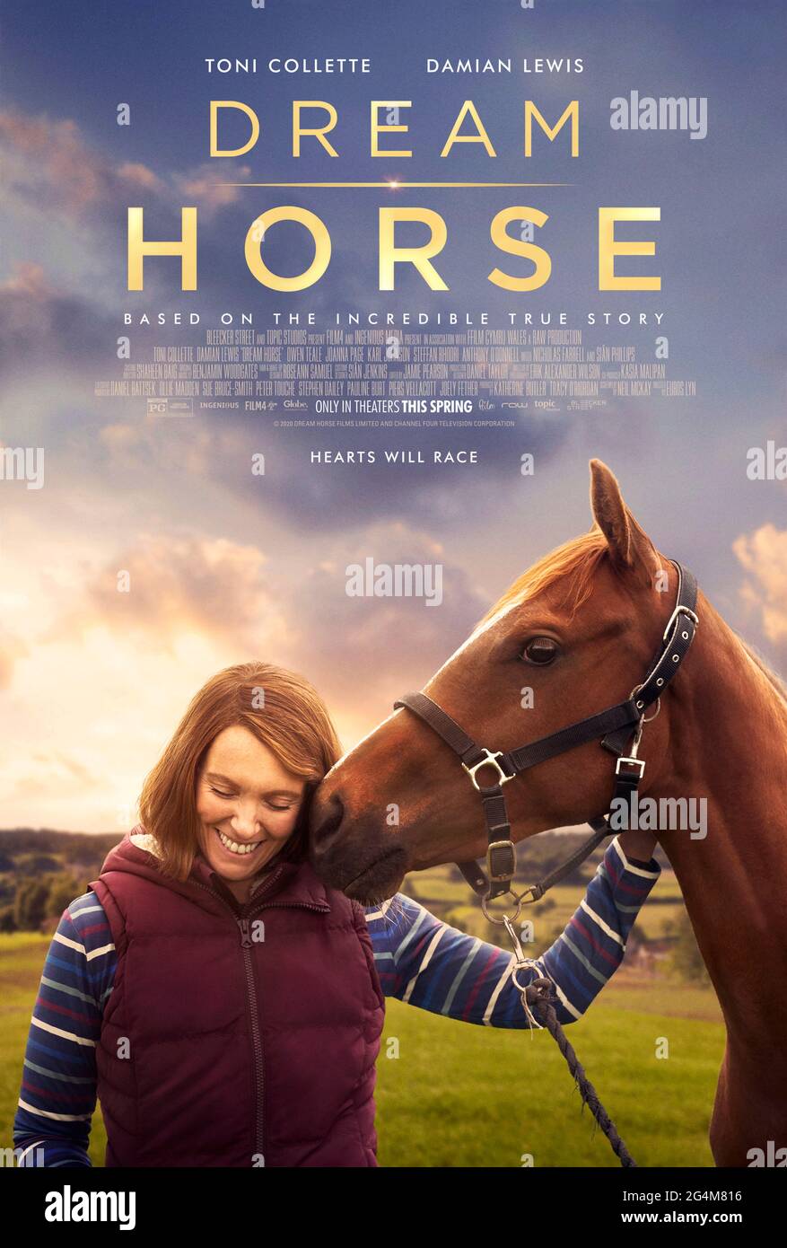 Dream Horse (2020) directed by Euros Lyn and starring Toni Collette, Owen Teale and Alan David. Inspired by a true story, a race horse bred by small-town Welsh bartender Jan Vokes wins the Welsh Grand National horse race. Stock Photo