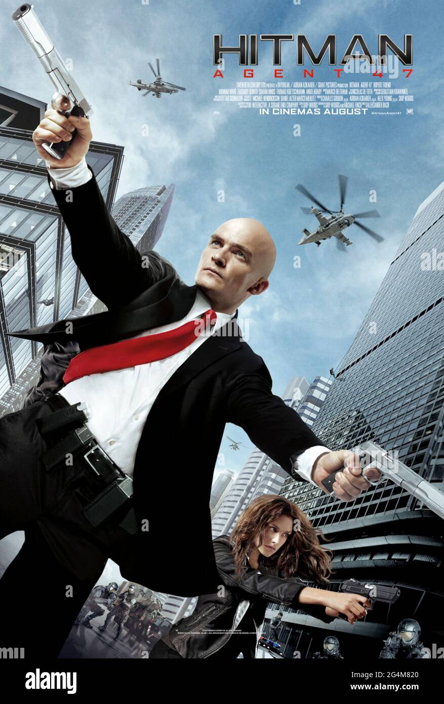 Hitman: Agent 47 (2015) directed by Aleksander Bach and starring Rupert Friend, Hannah Ware and Zachary Quinto. Big screen reboot for Agent 47 who teams up with a woman to help her find her father and uncover the mysteries of her ancestry. Stock Photo