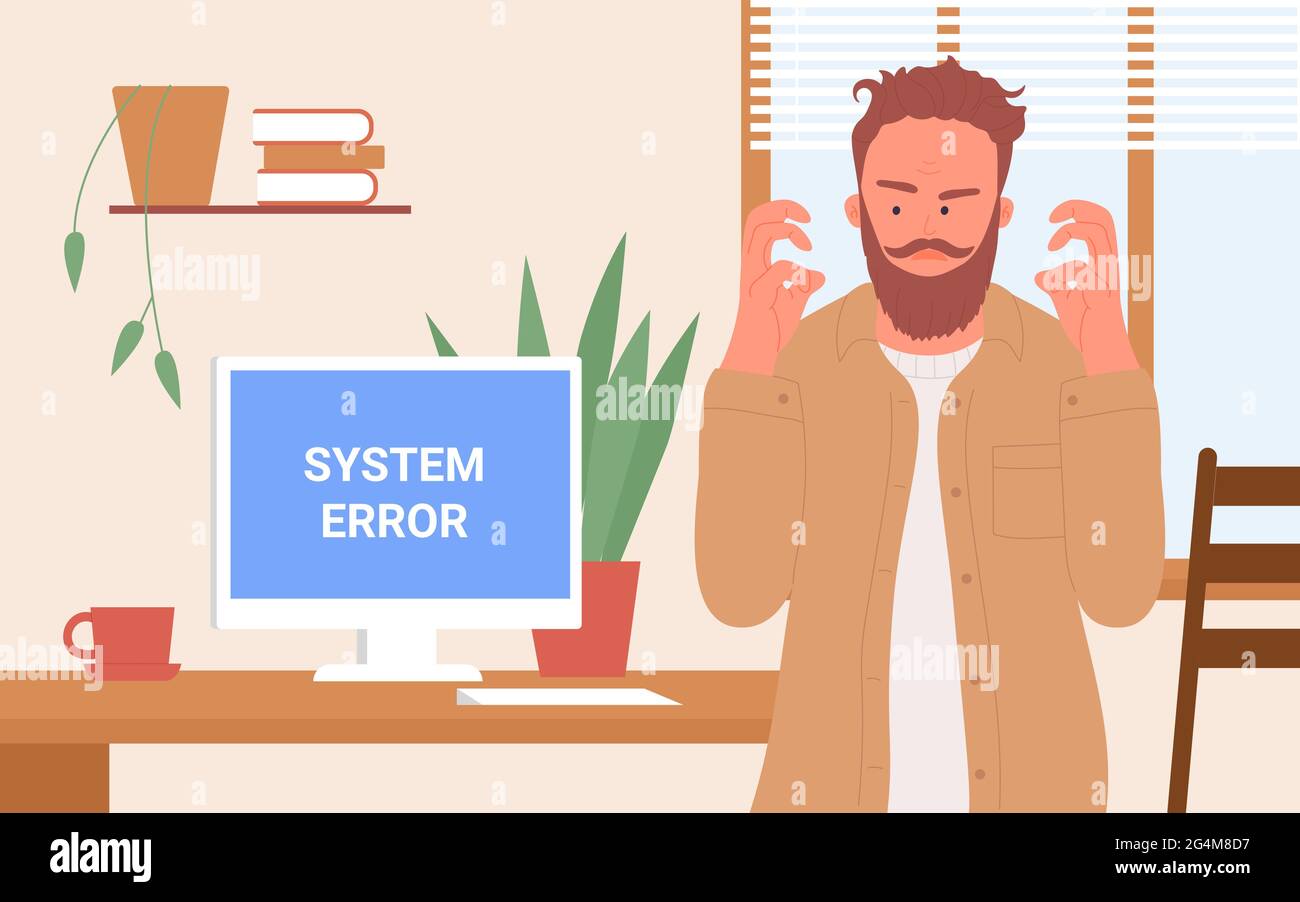 Office worker and broken computer vector illustration. Cartoon angry businessman character watching blue error warning window of death on pc screen, frustrated employee has software problem background Stock Vector