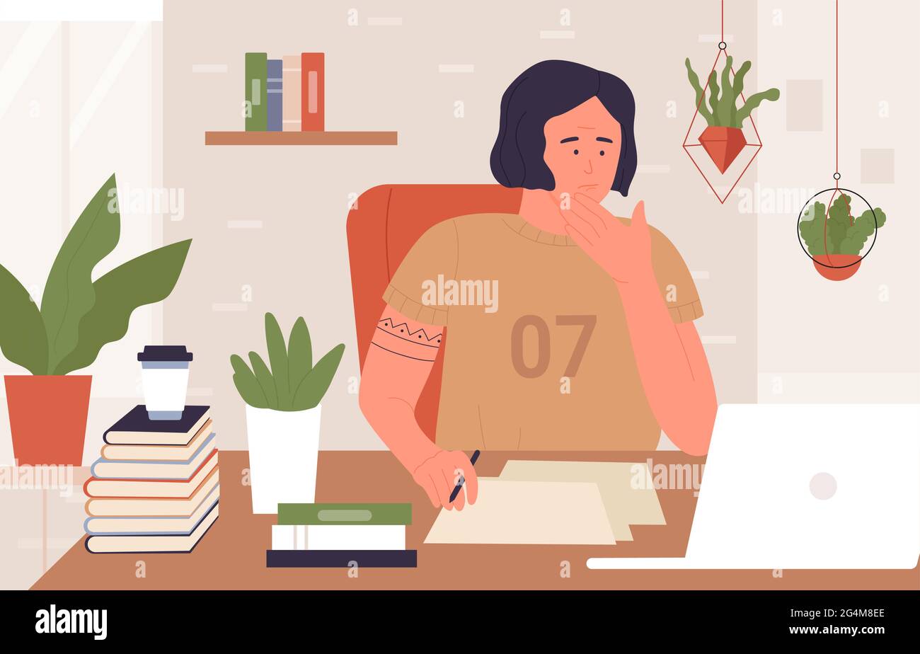 Hard study, prepare for exam test vector illustration. Cartoon sad tired student boy character sitting at table with books and laptop at home, schoolboy doing homework, learning difficulty background Stock Vector