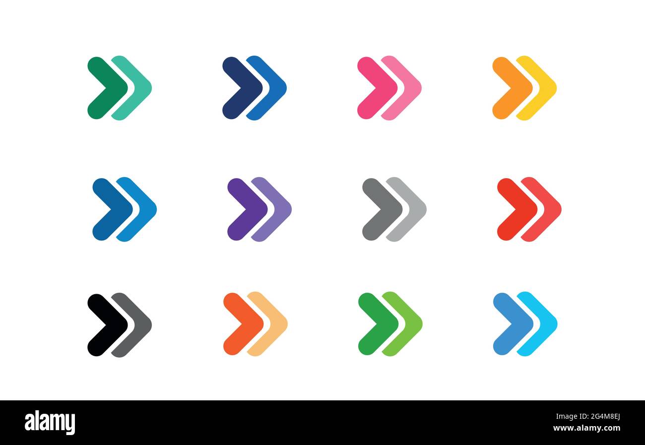 Colourful Arrow icons set. Simple circle shape internet button on grey background. Stock Vector