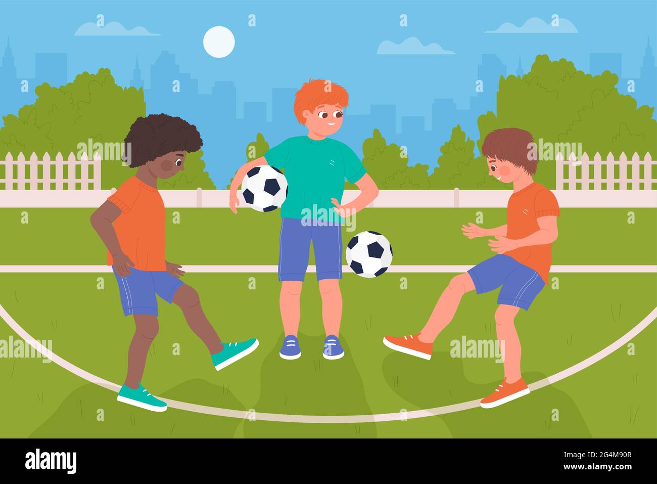 Kids play ball, soccer healthy sport activity vector illustration. Cartoon happy player characters have fun, funny boys children playing football together on sports field in schoolyard background Stock Vector