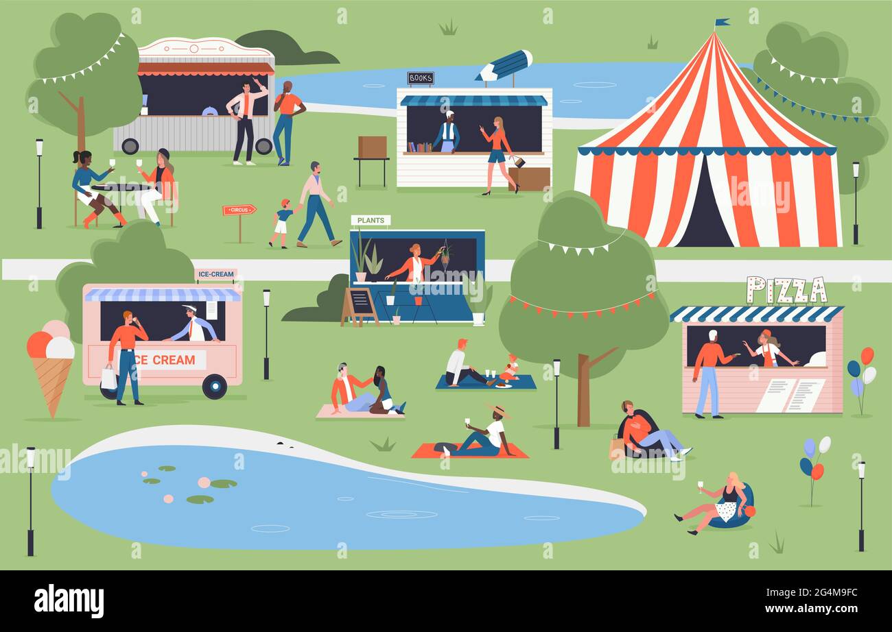 City food festival event in village, city park vector illustration. Cartoon  summer map of market with family people have fun and walk, listening to  music, buying pizza, ice cream and books background
