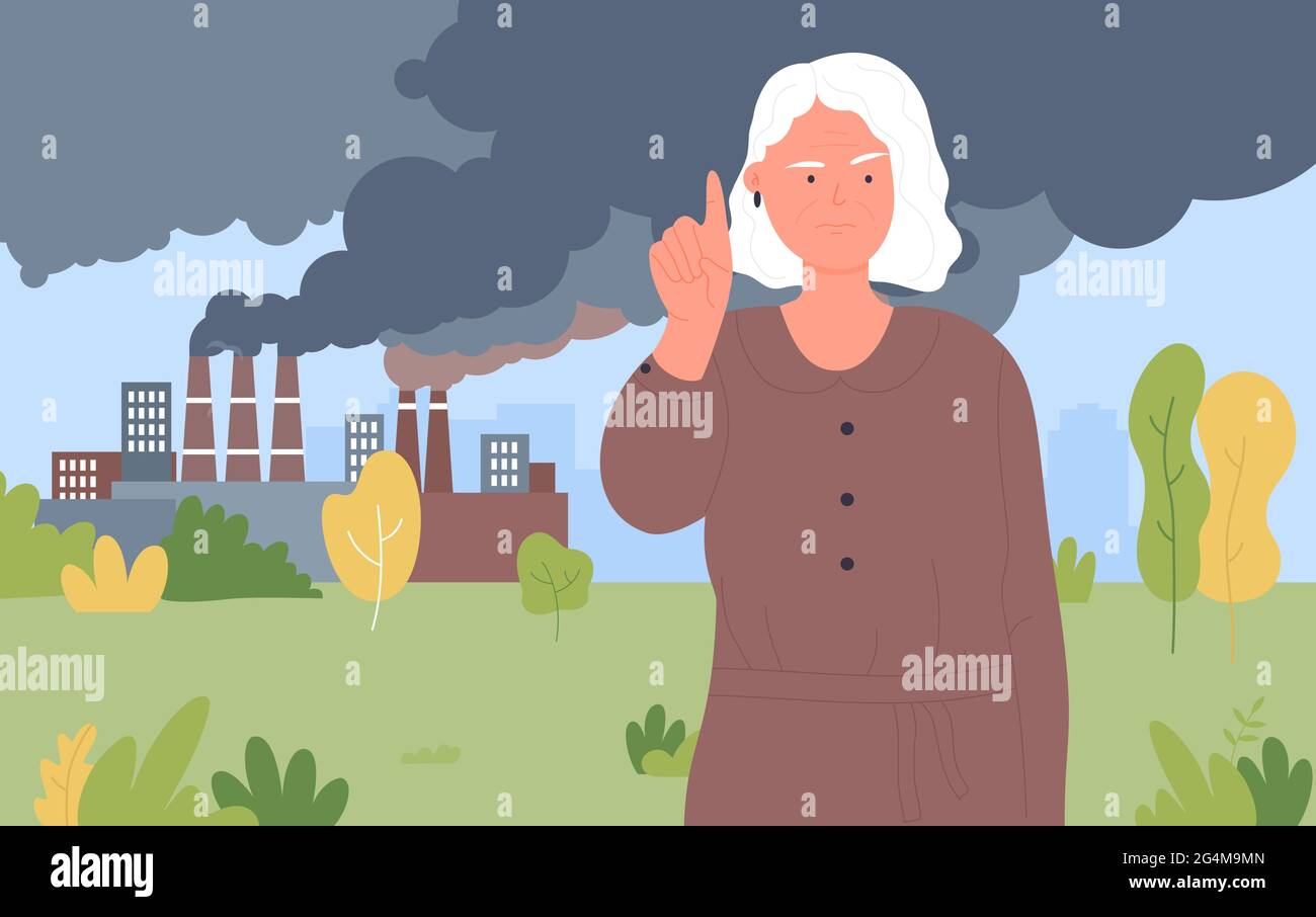 Stop dust smog air pollution, protect nature vector illustration. Cartoon elderly woman character focuses on problem of environmental pollution, standing next to smoking factory chimneys background Stock Vector