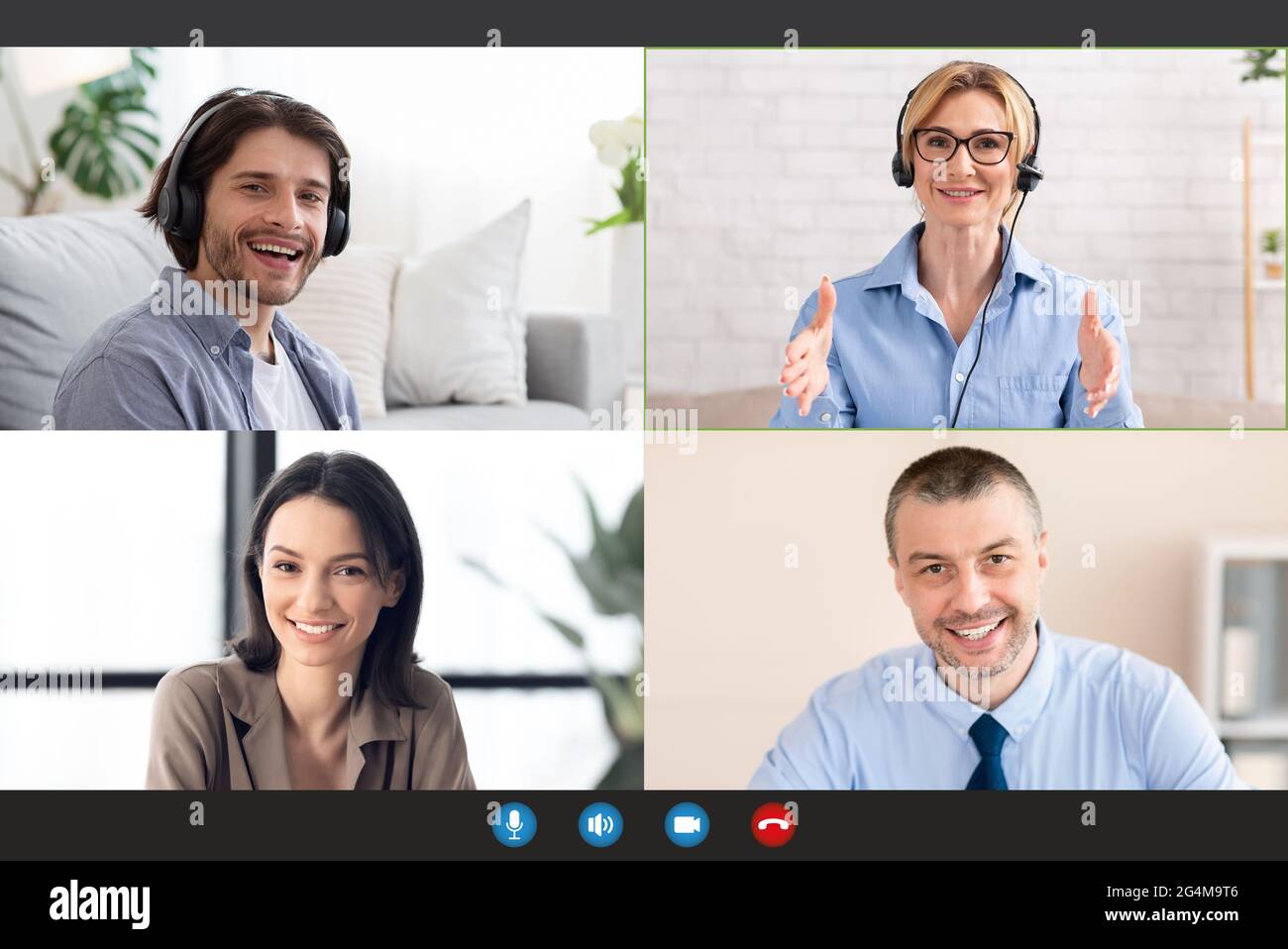 Business meeting, work conference with boss and employees or coach at lesson or webinar Stock Photo