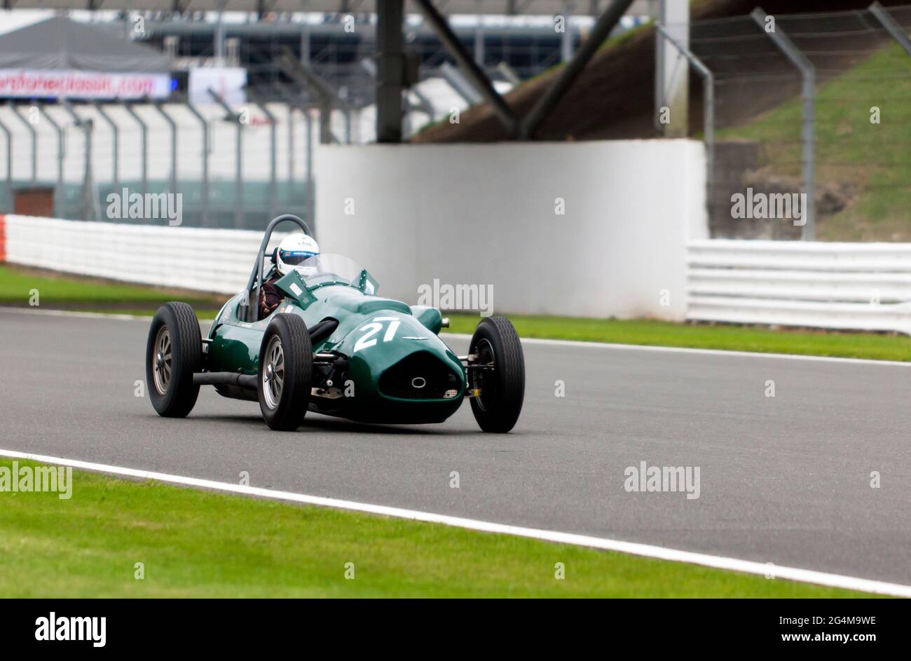 Ian Nuthall driving his 1952, British Racing Green, Alta F2 at the end of the Maserati Trophy for HGPCA Pre '66 Grand prix Cars Stock Photo