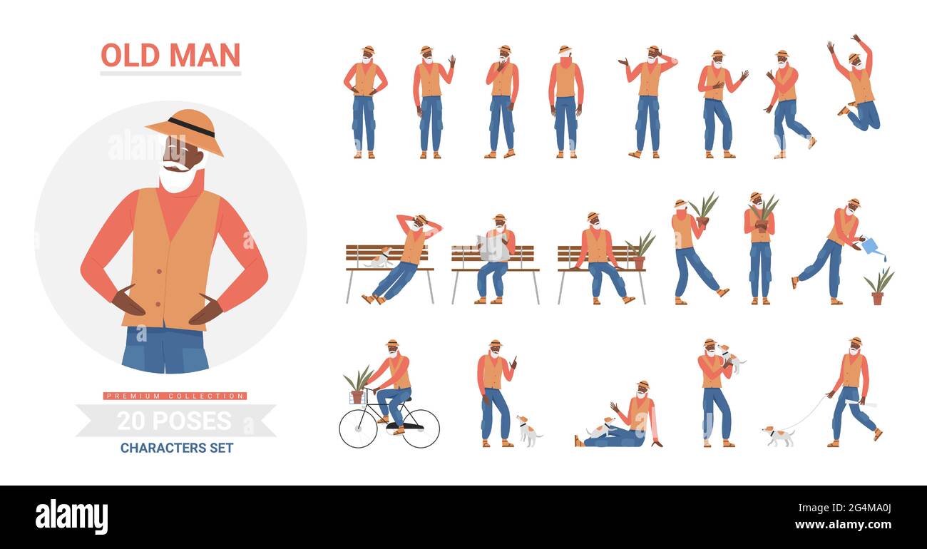 African american black old man poses infographic vector illustration set. Cartoon elderly bearded hipster character posing, standing and jumping, walking with dog and sitting on bench isolated Stock Vector