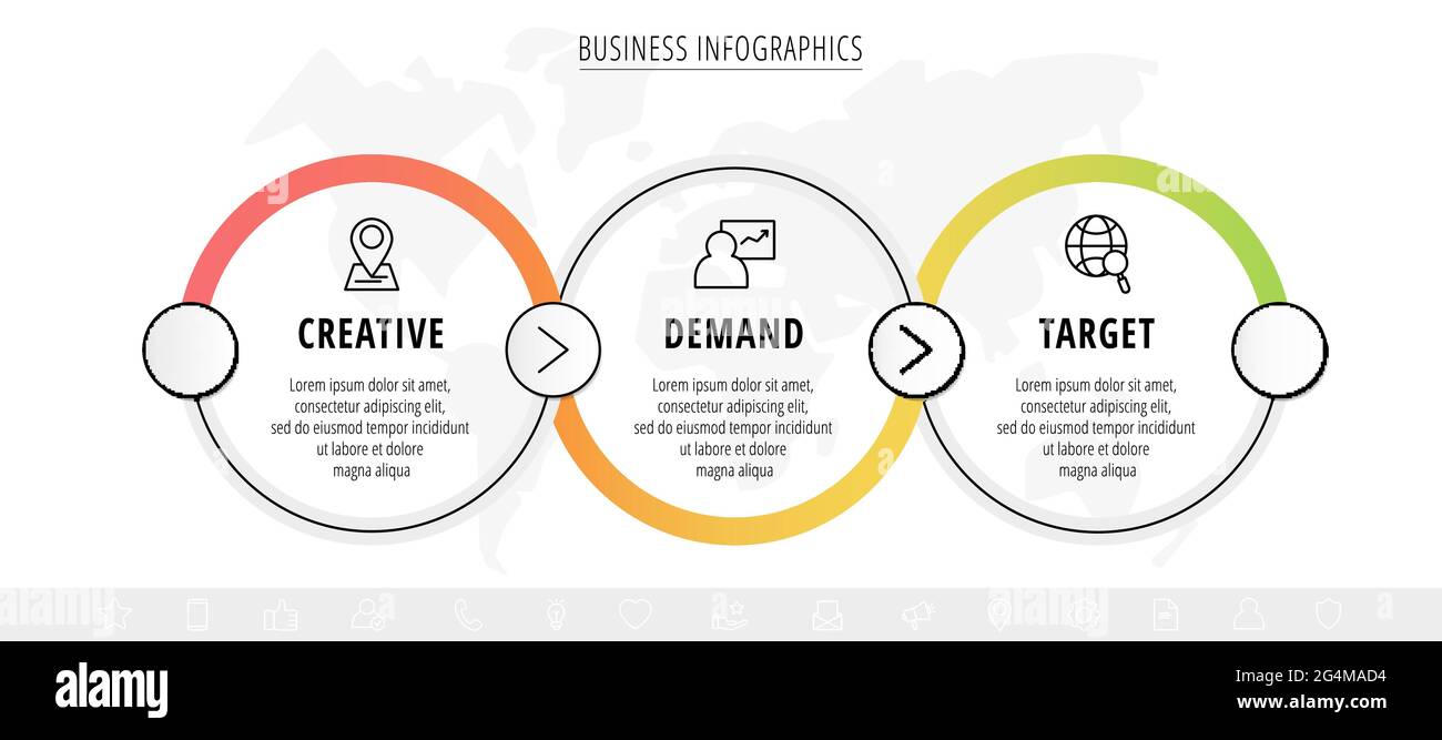 Business vector infographics with three line circles. Timeline visualization with 3 steps for diagram, flowchart, banner, presentations, web, content Stock Vector