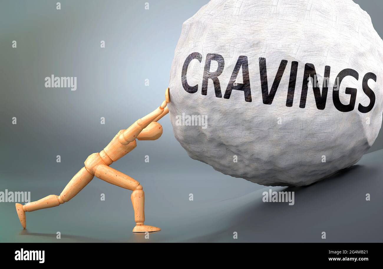 Cravings and painful human condition, pictured as a wooden human figure pushing heavy weight to show how hard it can be to deal with Cravings in human Stock Photo