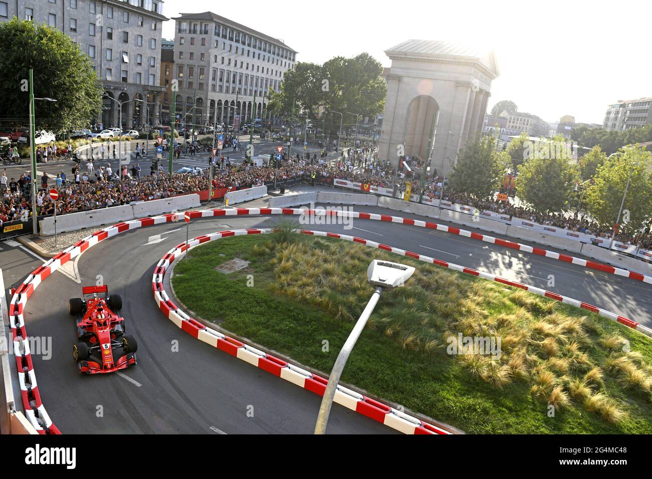 top panoramic view of the Ferrari Formula 1 car, during an exhibition on a city circuit along the Darsena district, in Milan. Stock Photo