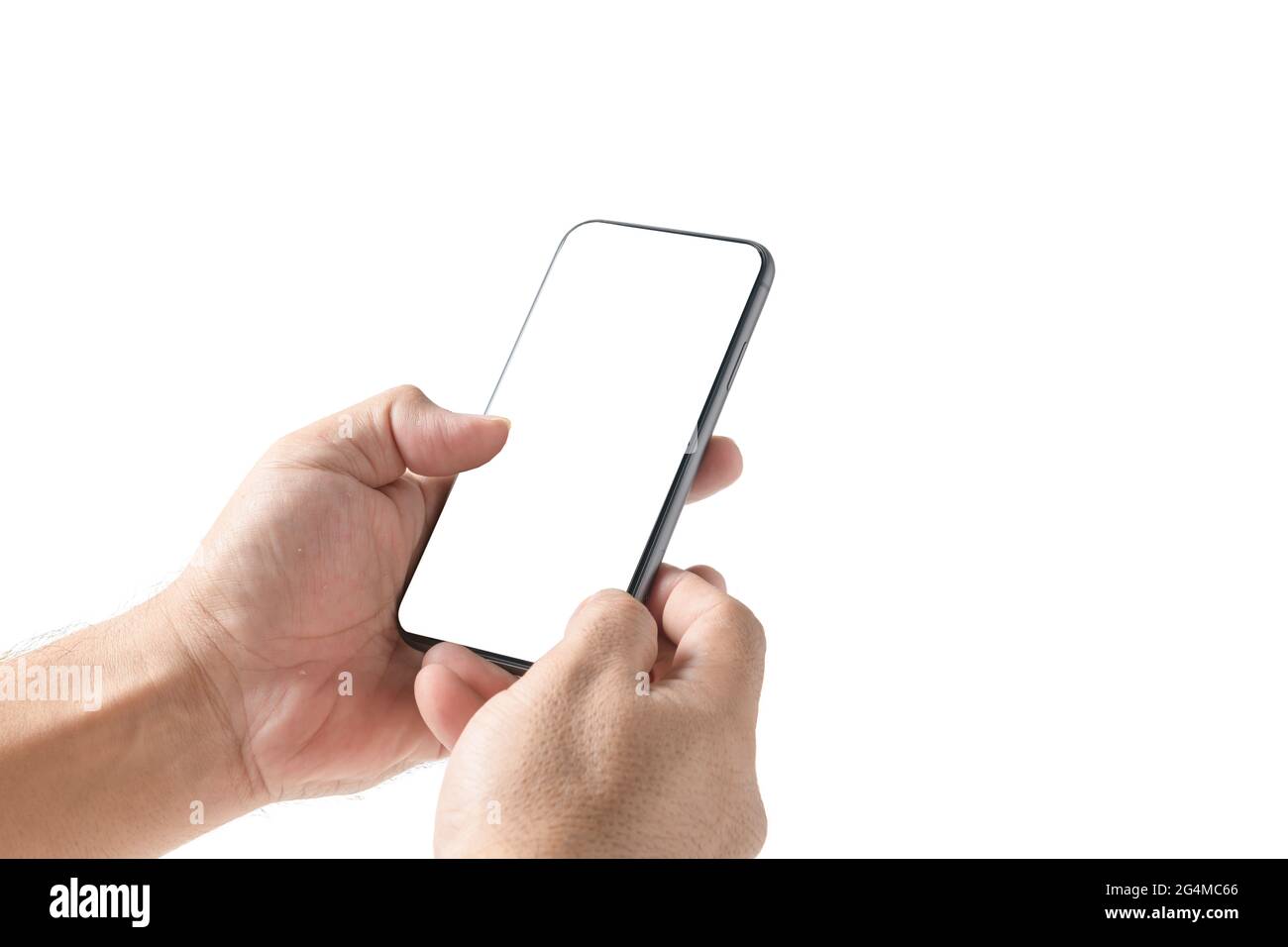 Man hand using smartphone with blank screen, isolated on white background Stock Photo