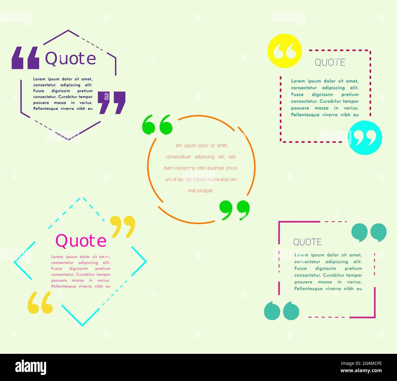Set of colorful quote frames. Speech bubbles with quotation marks. Blog post template set Stock Vector