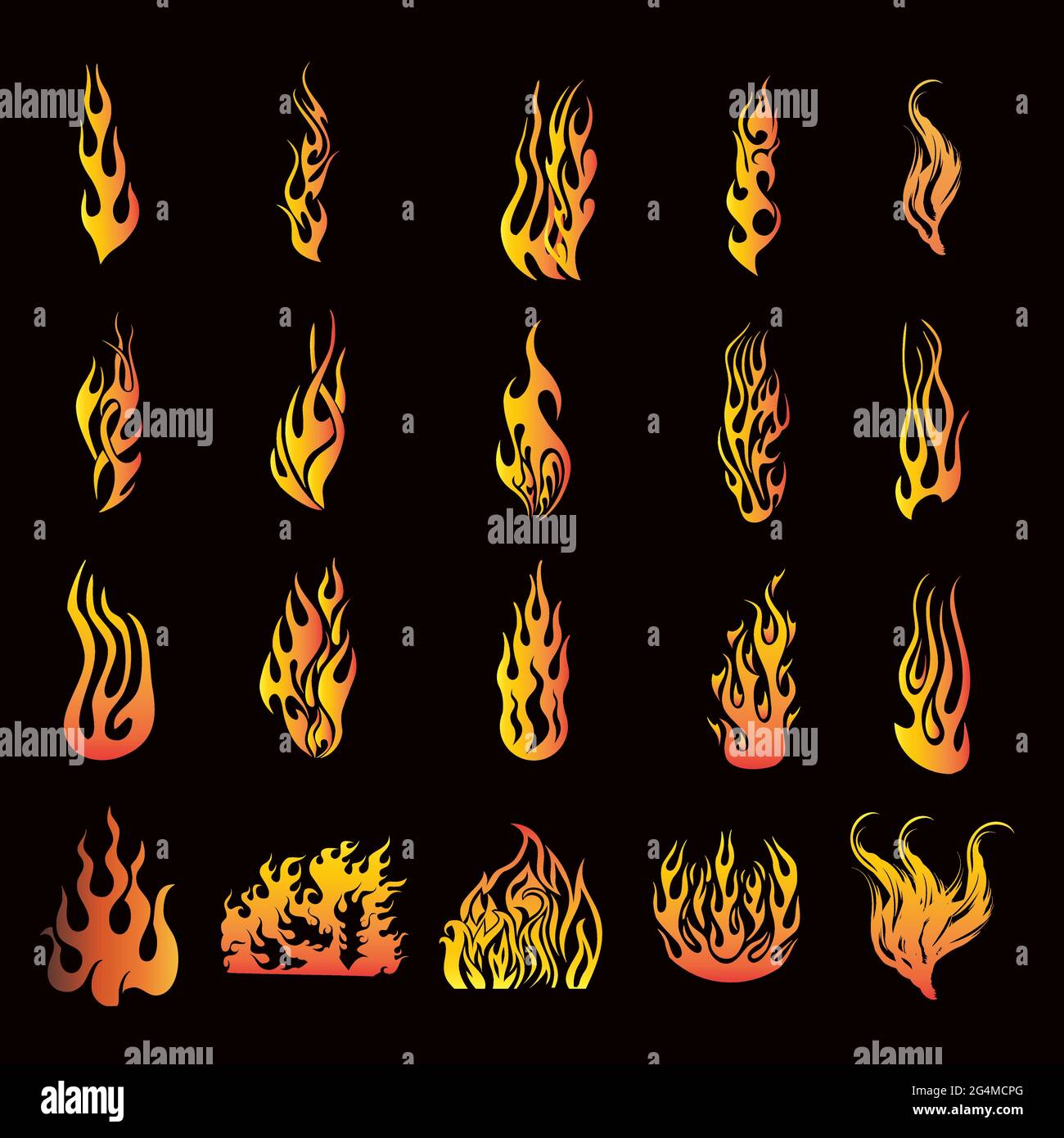 Set of red and orange gradient fire flame collection of hot fire design