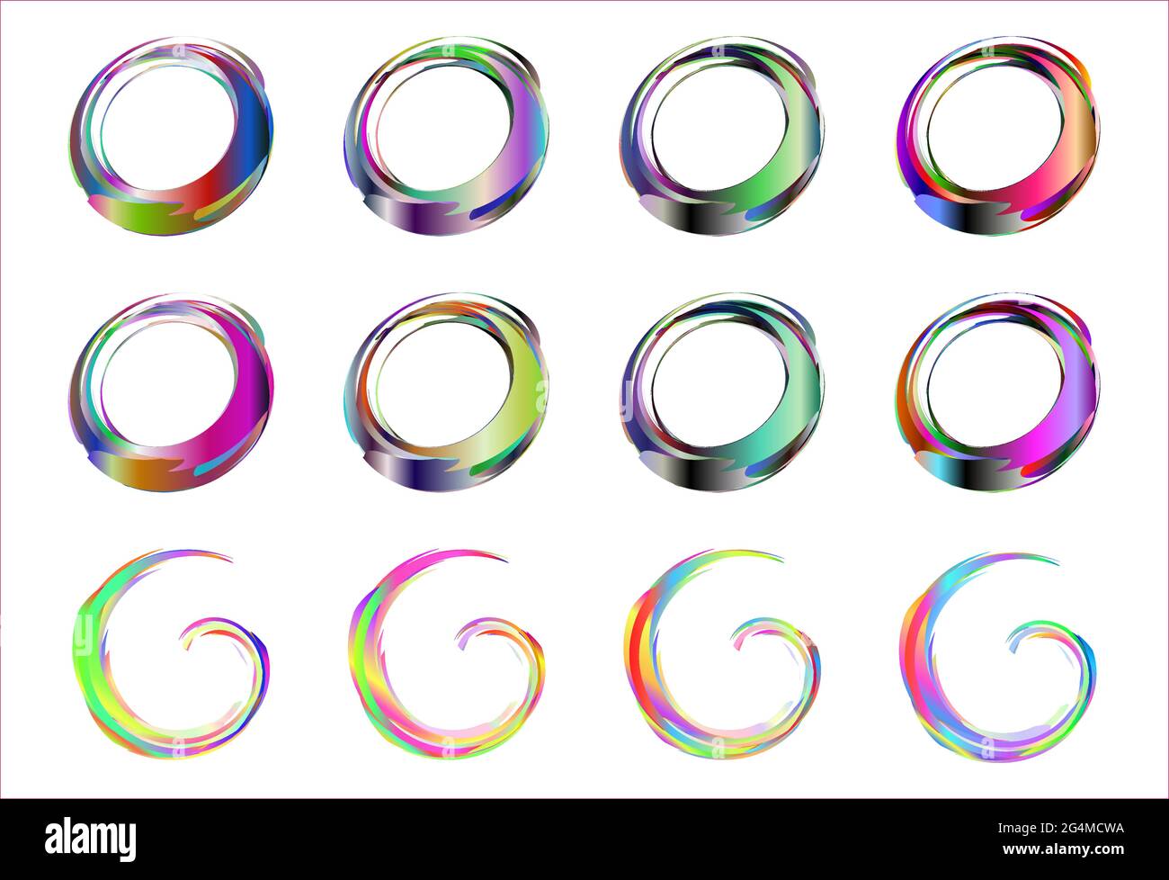 Round circle colorful frame shape set. Hand drawn colorful round swirl