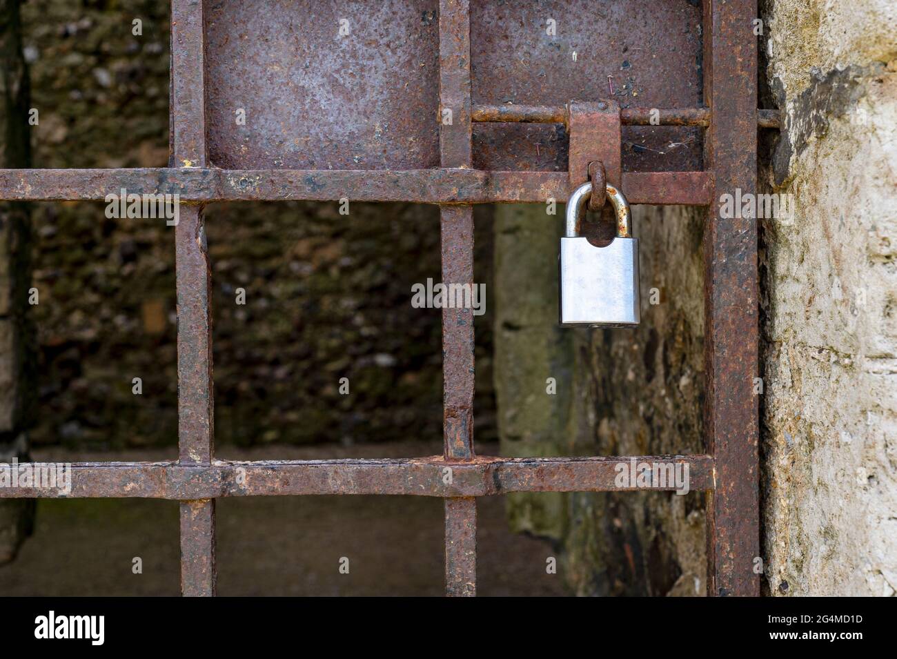 Shiny padlock locking a rusty iron door, Stock Photo