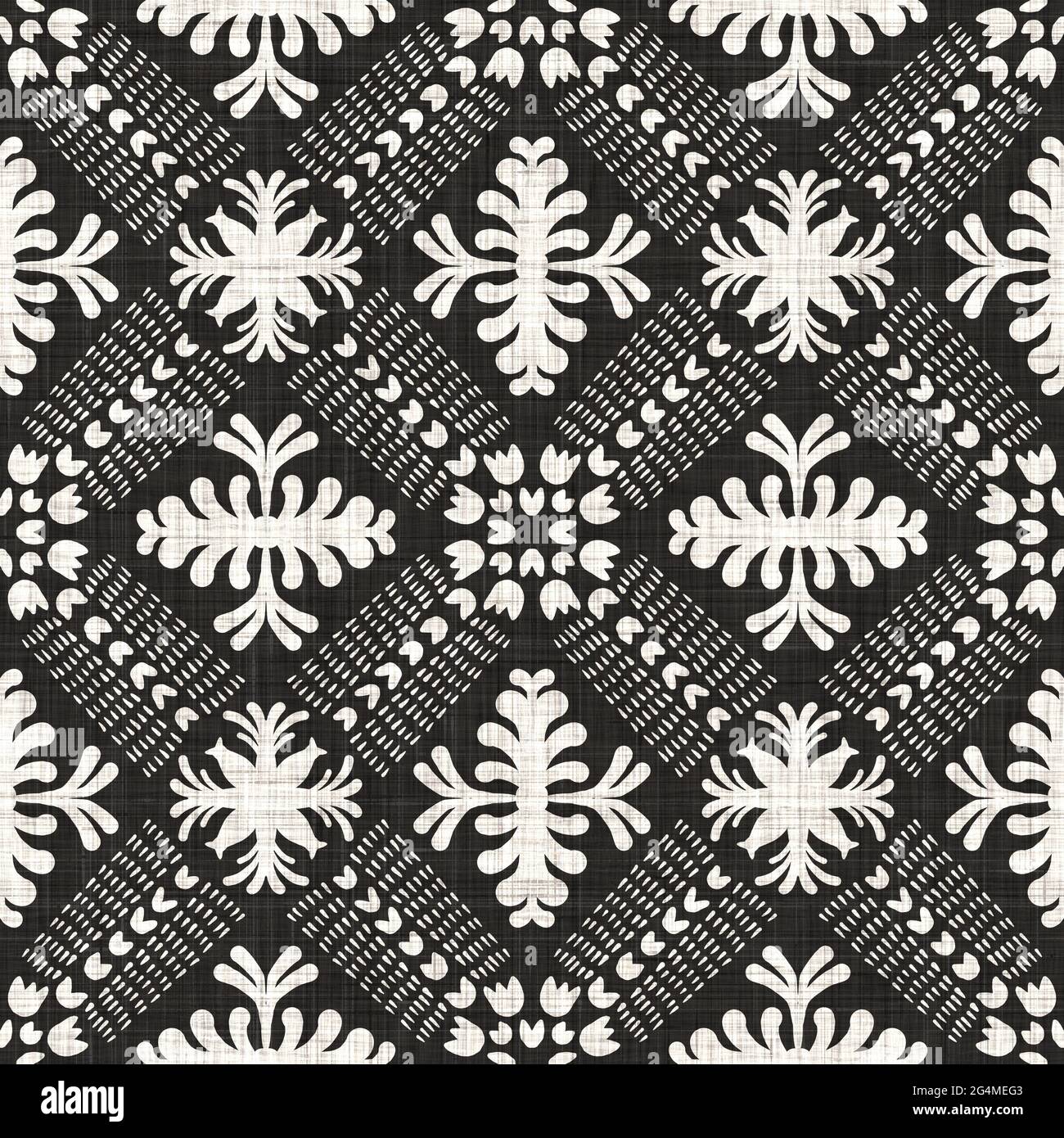 Seamless black white woven cloth floral linen texture. Two tone ...