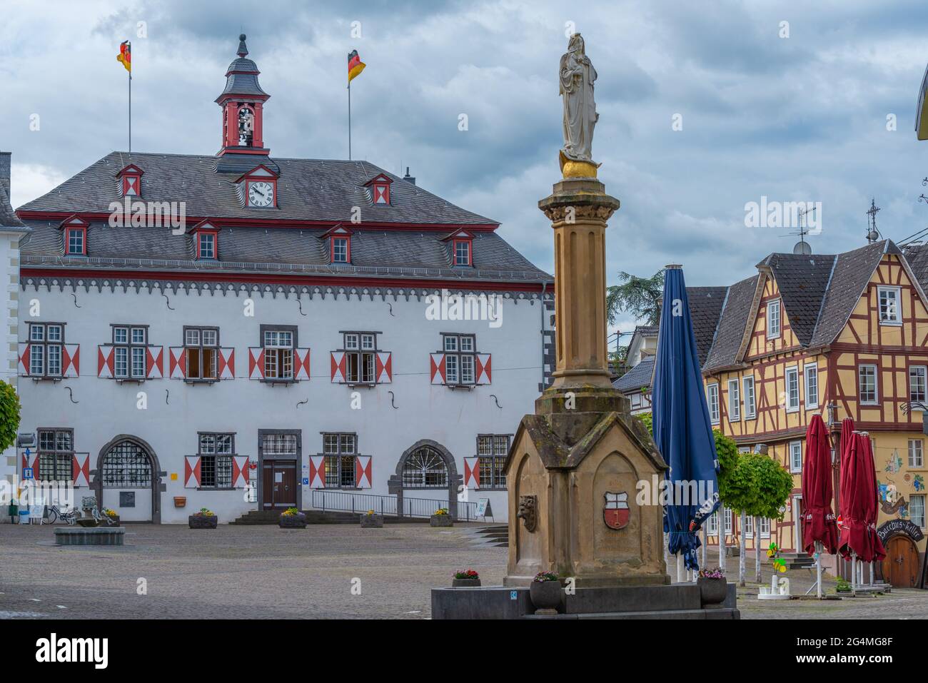 Town Hall at the market square in historical Linz on the Rine with colorful half-timbered houses, Rhineland-Palatinate, Germany Stock Photo