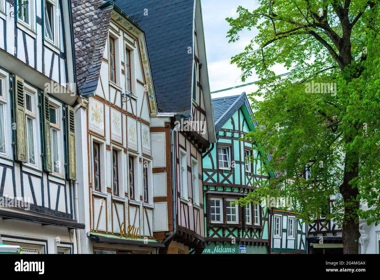 Historical Linz on the Rine with colorful half-timbered houses, Rhineland-Palatinate, Gemrany Stock Photo