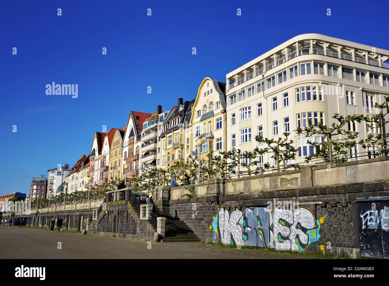Mannesmannufer at the Rhine river in Düsseldorf with beautiful house fronts. Stock Photo