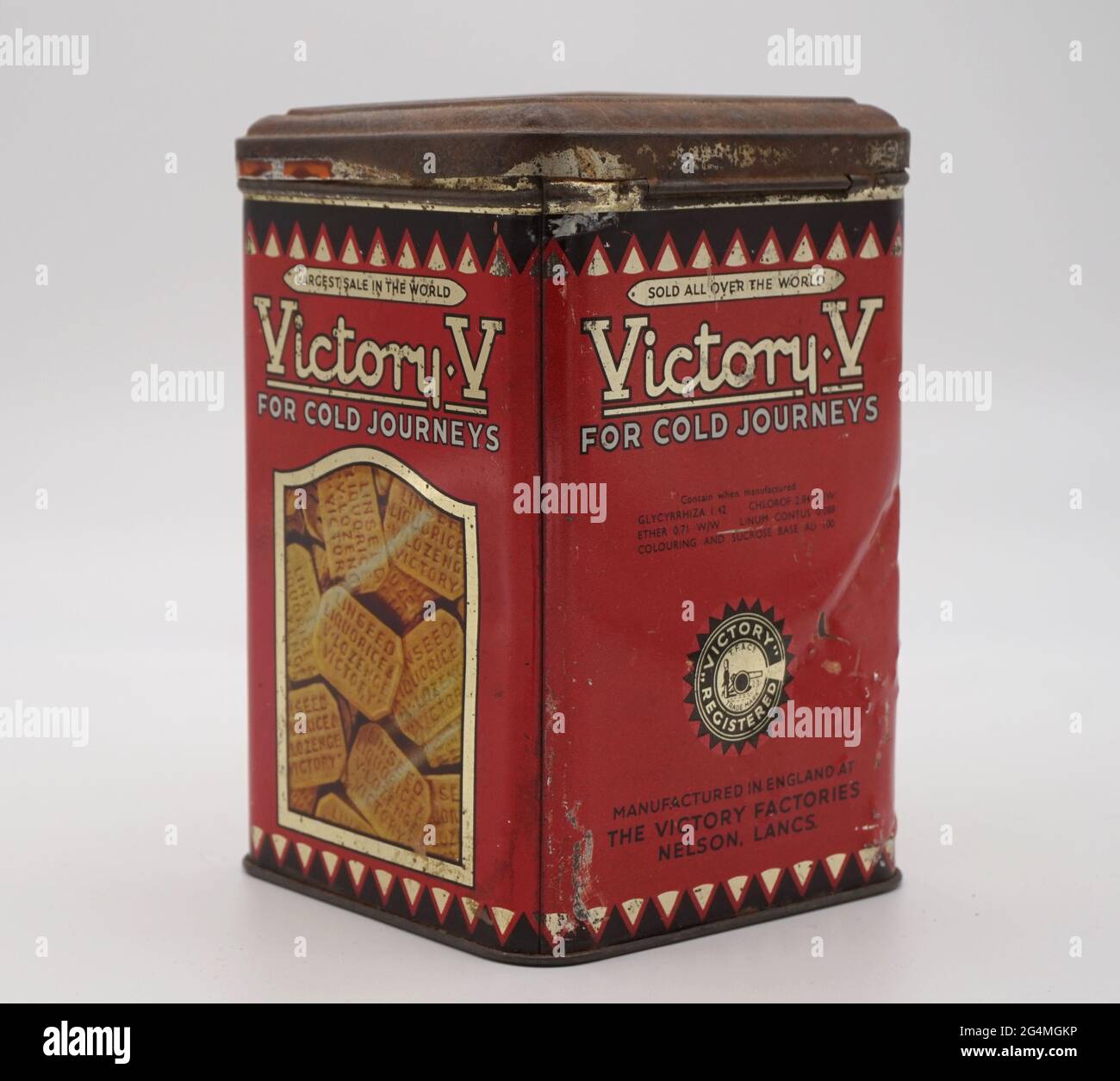 Victory V cough lozenge tin. 1920s. The Victory Factories, Nelson, Lancashire.  Litho printed tin with hinged lid. Originally ingredients included ether, liquorice, cannabis and chloroform. Launched in 1840s and still made today but without the dangerous ingredients! Stock Photo