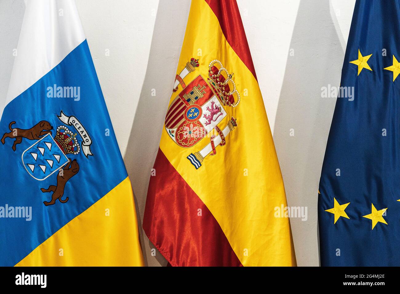 Canarian, Spanish and European flags detail in the Town Hall of Adeje, Tenerife, Canary Islands, Spain Stock Photo
