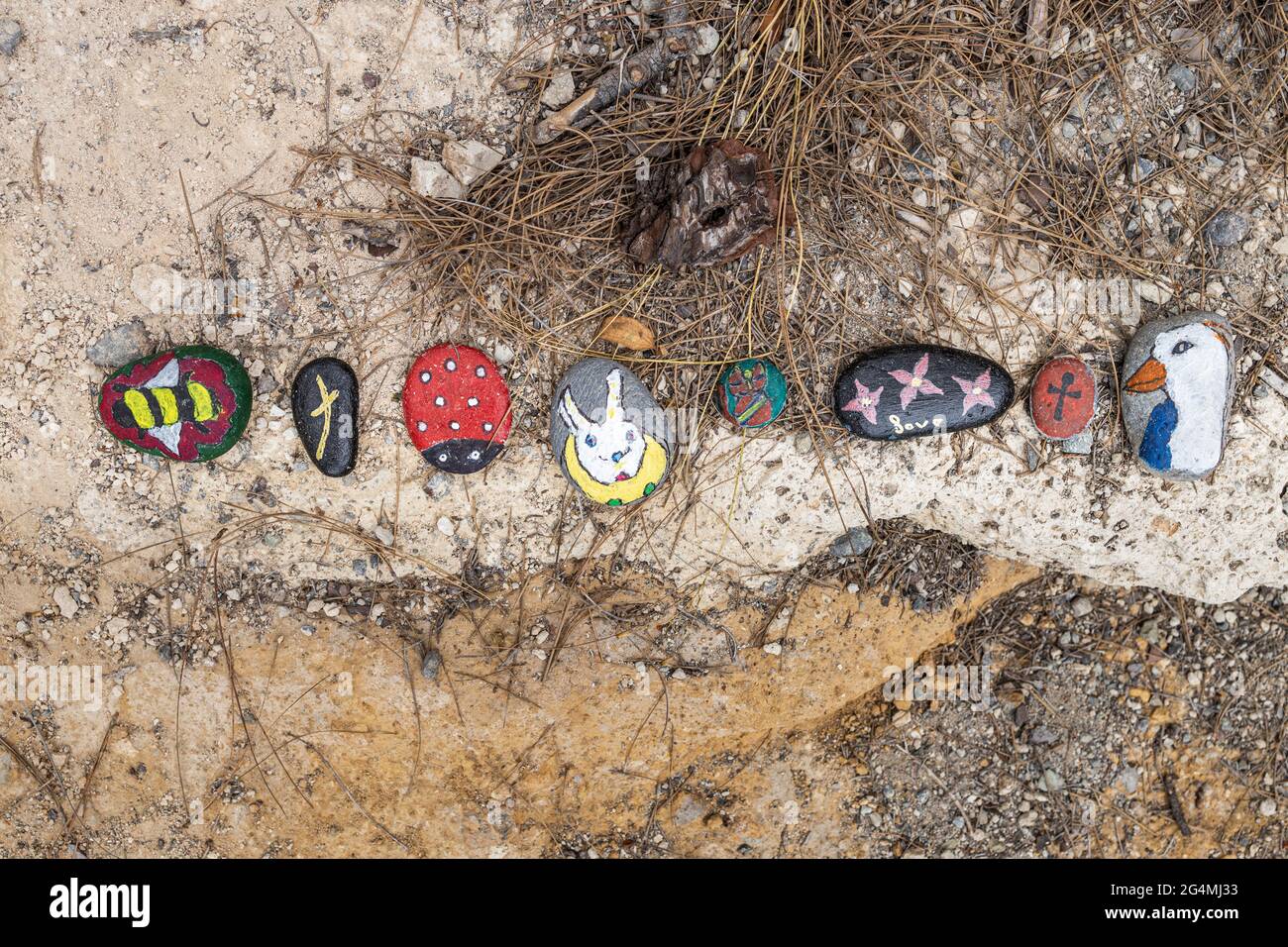 Painted stones left by the path through the forest at Ifonche, Barranco de Infierno, Adeje, Tenerife, Canary Islands, Spain Stock Photo