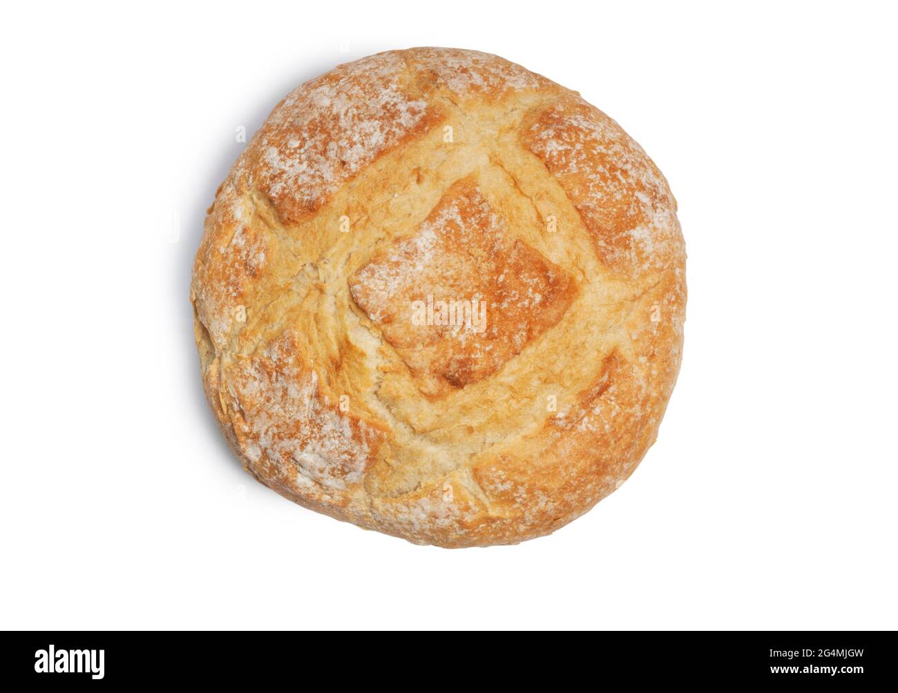 Studio shot of stone baked boule loaf of bread cut out against a white background - John Gollop Stock Photo
