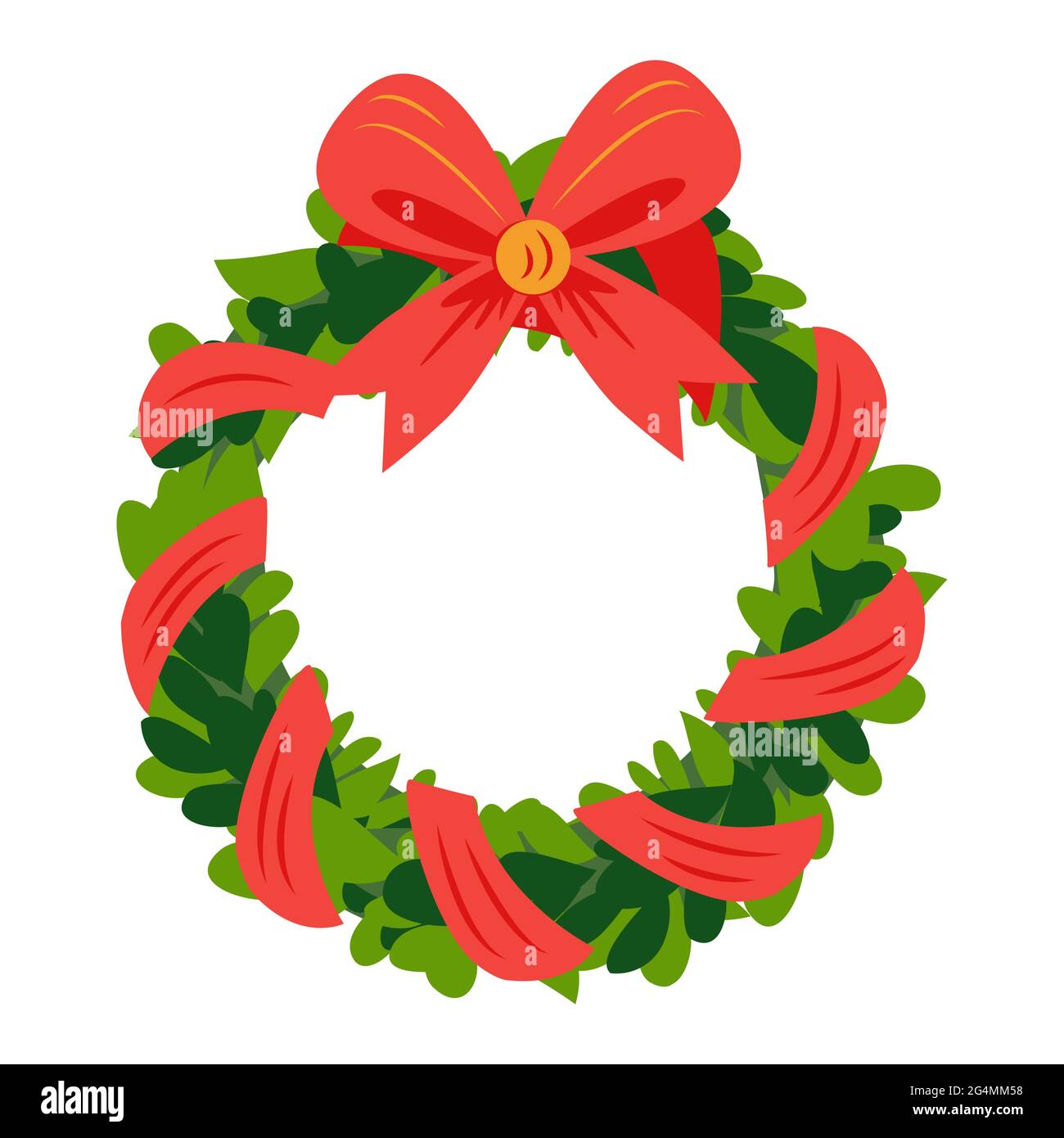 Christmas Wreath with ribbons, balls and bow. Christmas wreath of holly with red berries. New Year holiday celebration in December Stock Vector