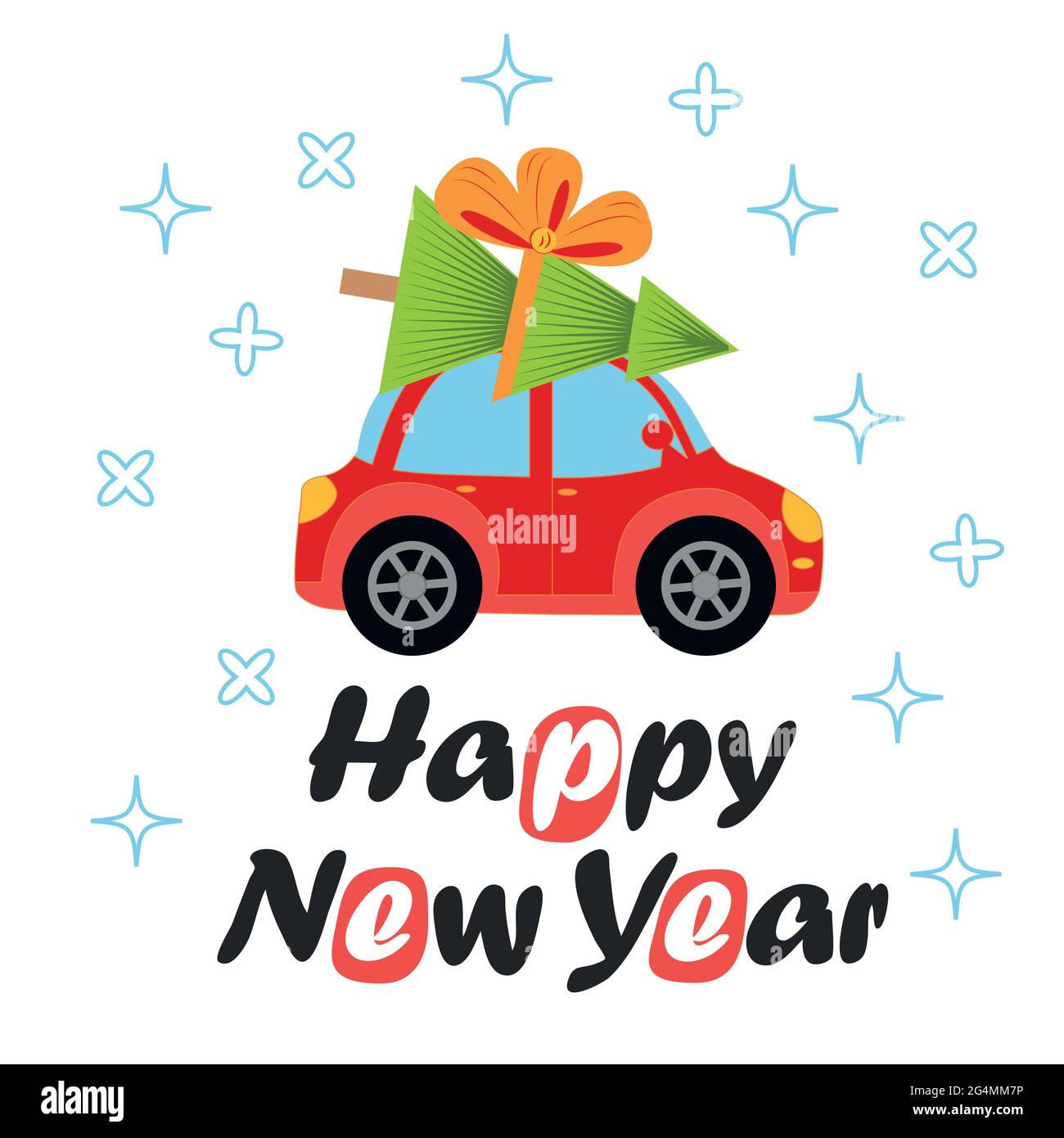 Greeting card with red retro car with christmas tree on the roof. Merry christmas and happy new year illustrations. Happy New Year lettering Stock Vector