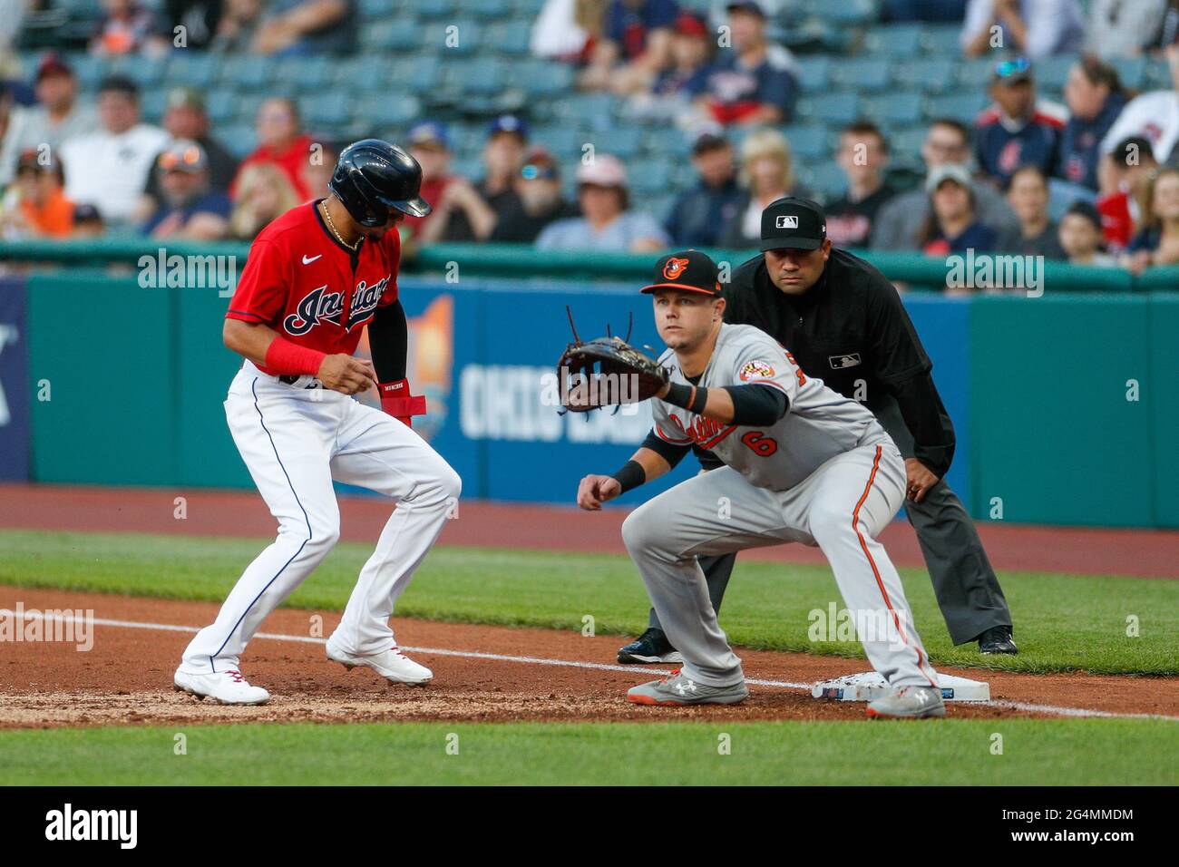 Cleveland Indians second basemen Cesar Hernandez (7) heads back to first base during an MLB regular season game against the Baltimore Orioles, Monday, Stock Photo