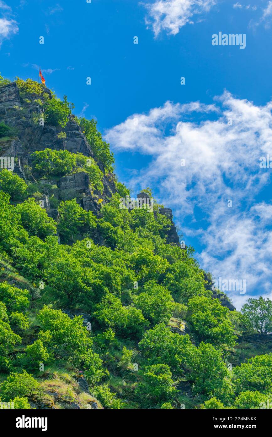 The legendary steep Loreley Rock at Rhine km555, UpperMiddle Rhine Valley, UNESCO World Heritage, Rhineland-Palatinate, Germany Stock Photo