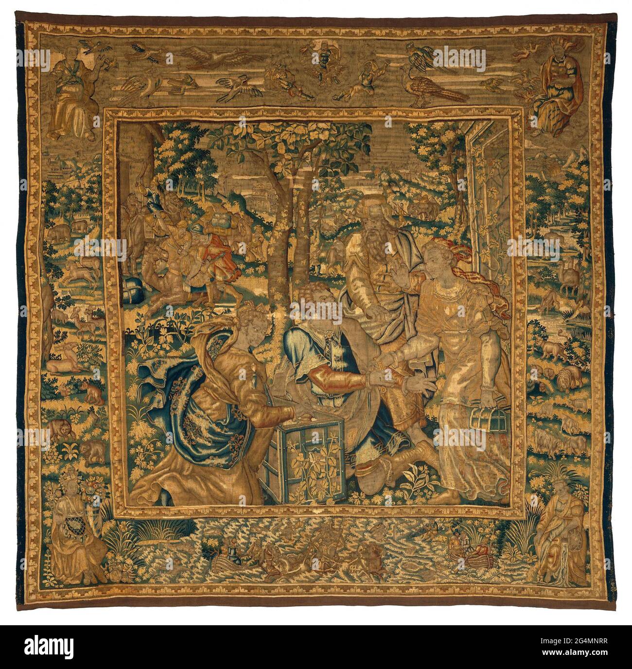 . Tapestry with eliezer and Rebecca's mother who asks Rebecca to follow Eliezer (Gen. 24:58), from a series of tapestries with the history of Rebecca and eliezer (Gen.24) with edges with animals and in the corners the four elements; With the weaver brand of Willem de Kempeneere. Stock Photo