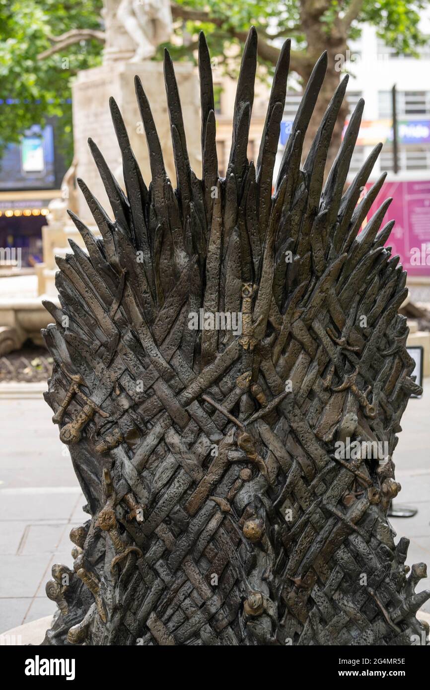 London, UK. 22nd June, 2021. A replica Iron Throne from Game of Thrones was unveiled in Leicester Square London today to mark the 10th Anniversary of the launch of the Game of Thrones in the UK. Credit: Ian Davidson/Alamy Live News Stock Photo