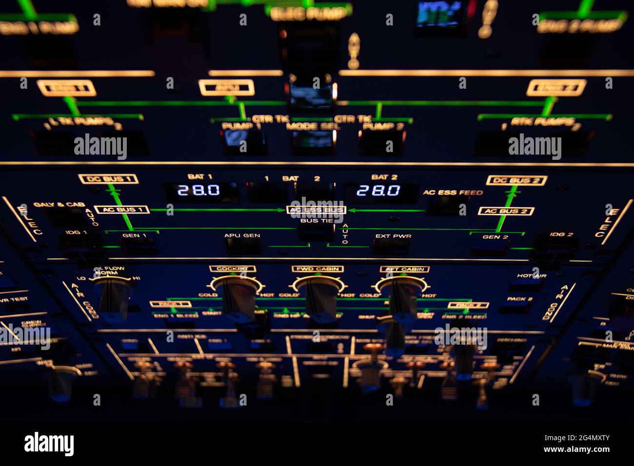 A close up of the overhead panel of a commercial airplane, with countless switches and buttons for controlling various aircraft systems and components Stock Photo