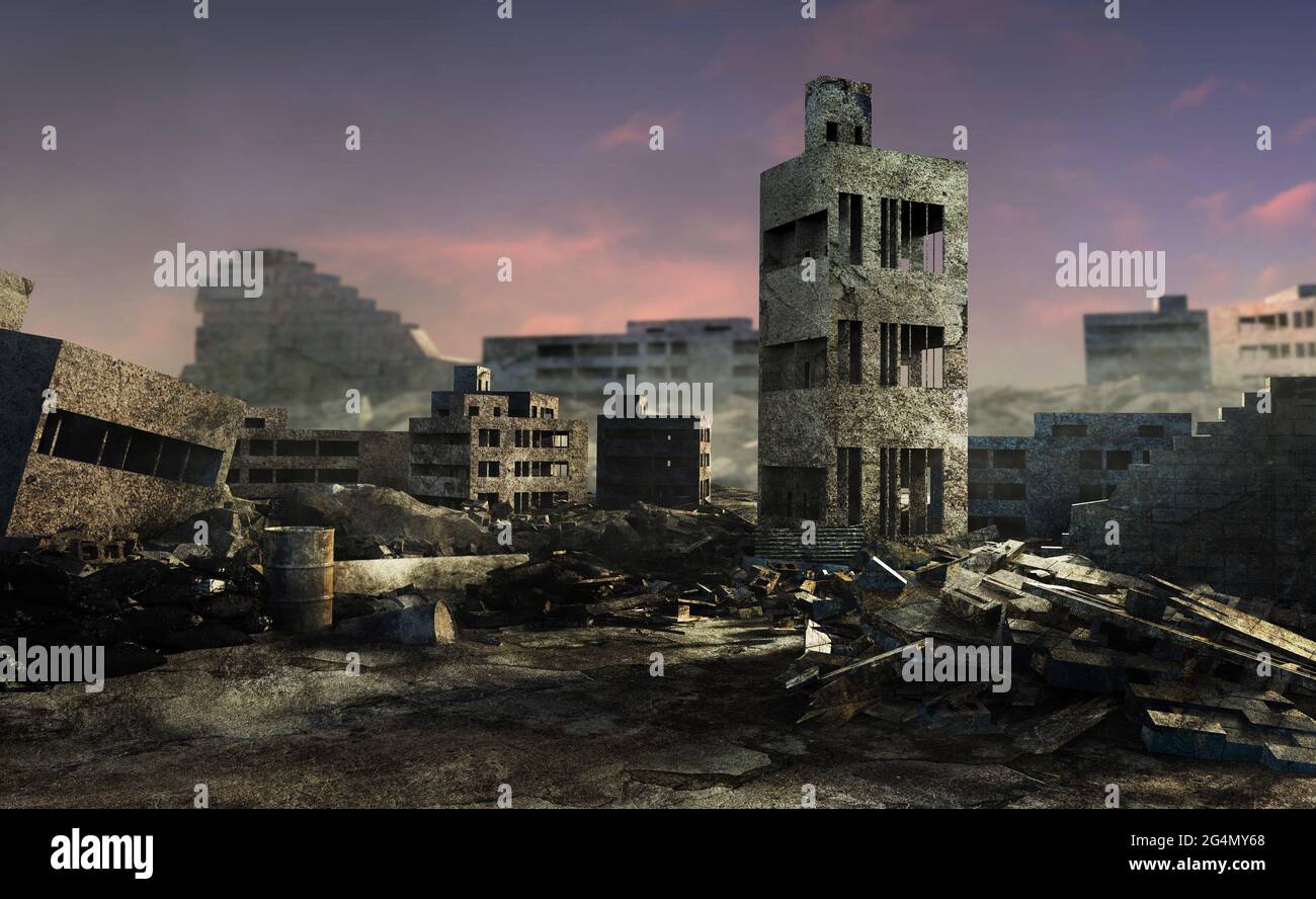 3d render illustration of bombed and ruined battlefield city backdrop artwork. Stock Photo