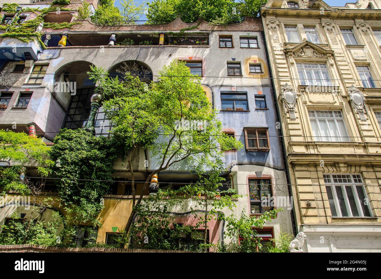The Hundertwasserhaus is an apartment house in Vienna built after the idea and concept of Austrian artist Friedensreich Hundertwasser Stock Photo