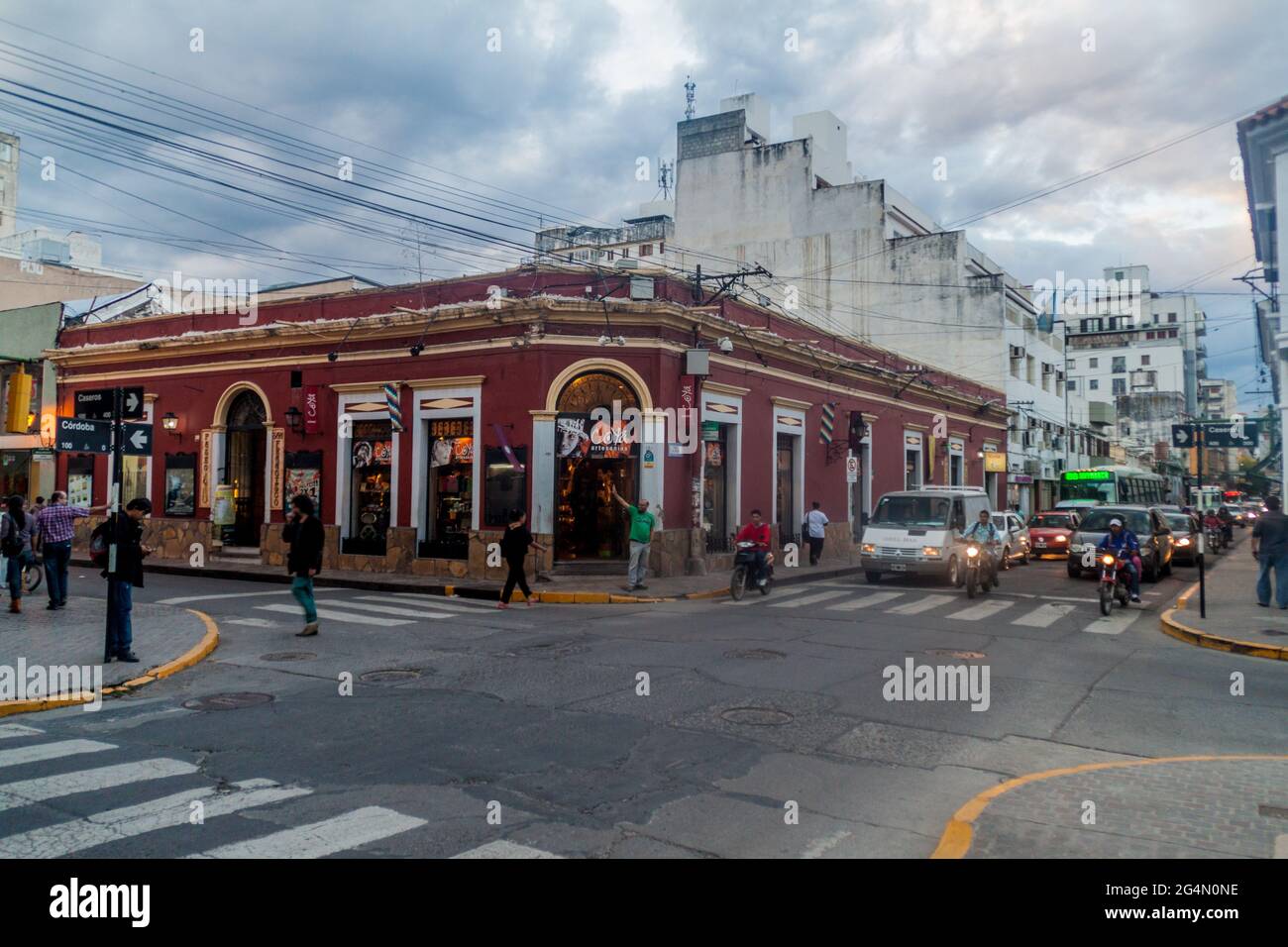 SALTA, ARGENTINA - APRIL 8, 2015: Traffic in narrow streets in the city center of Salta, Argentina. Stock Photo