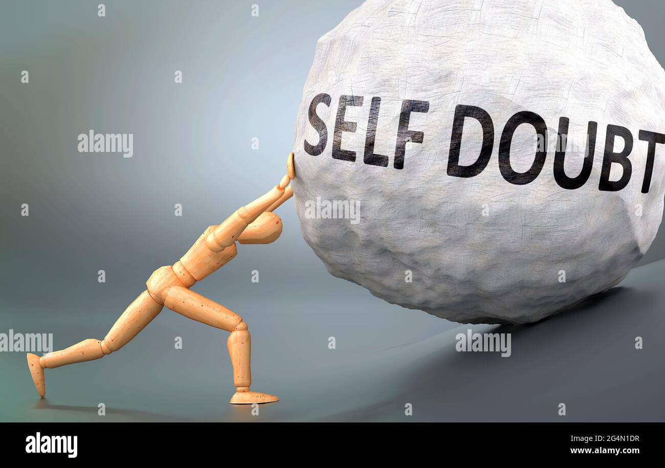 Self doubt and painful human condition, pictured as a wooden human figure pushing heavy weight to show how hard it can be to deal with Self doubt in h Stock Photo