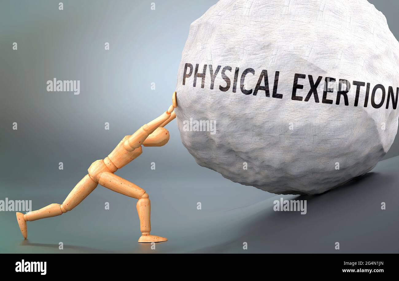 Physical exertion and painful human condition, pictured as a wooden human figure pushing heavy weight to show how hard it can be to deal with Physical Stock Photo