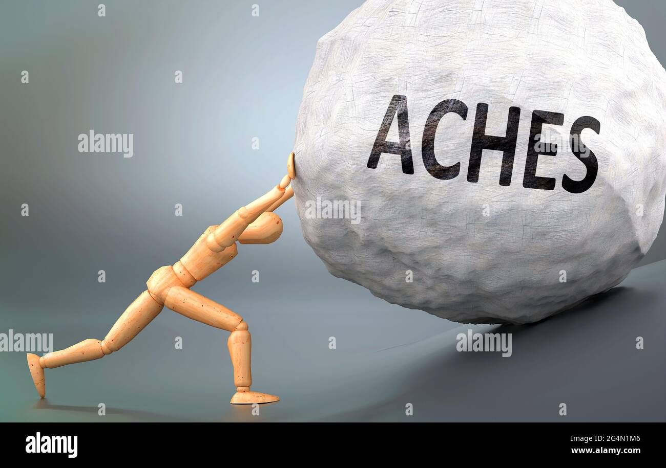 Aches and painful human condition, pictured as a wooden human figure pushing heavy weight to show how hard it can be to deal with Aches in human life, Stock Photo