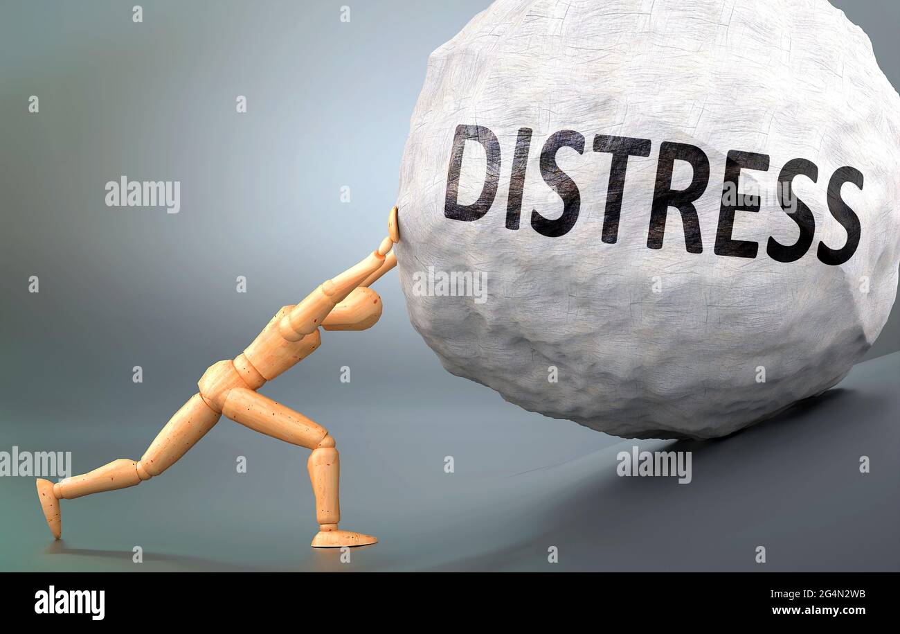 Distress and painful human condition, pictured as a wooden human figure pushing heavy weight to show how hard it can be to deal with Distress in human Stock Photo
