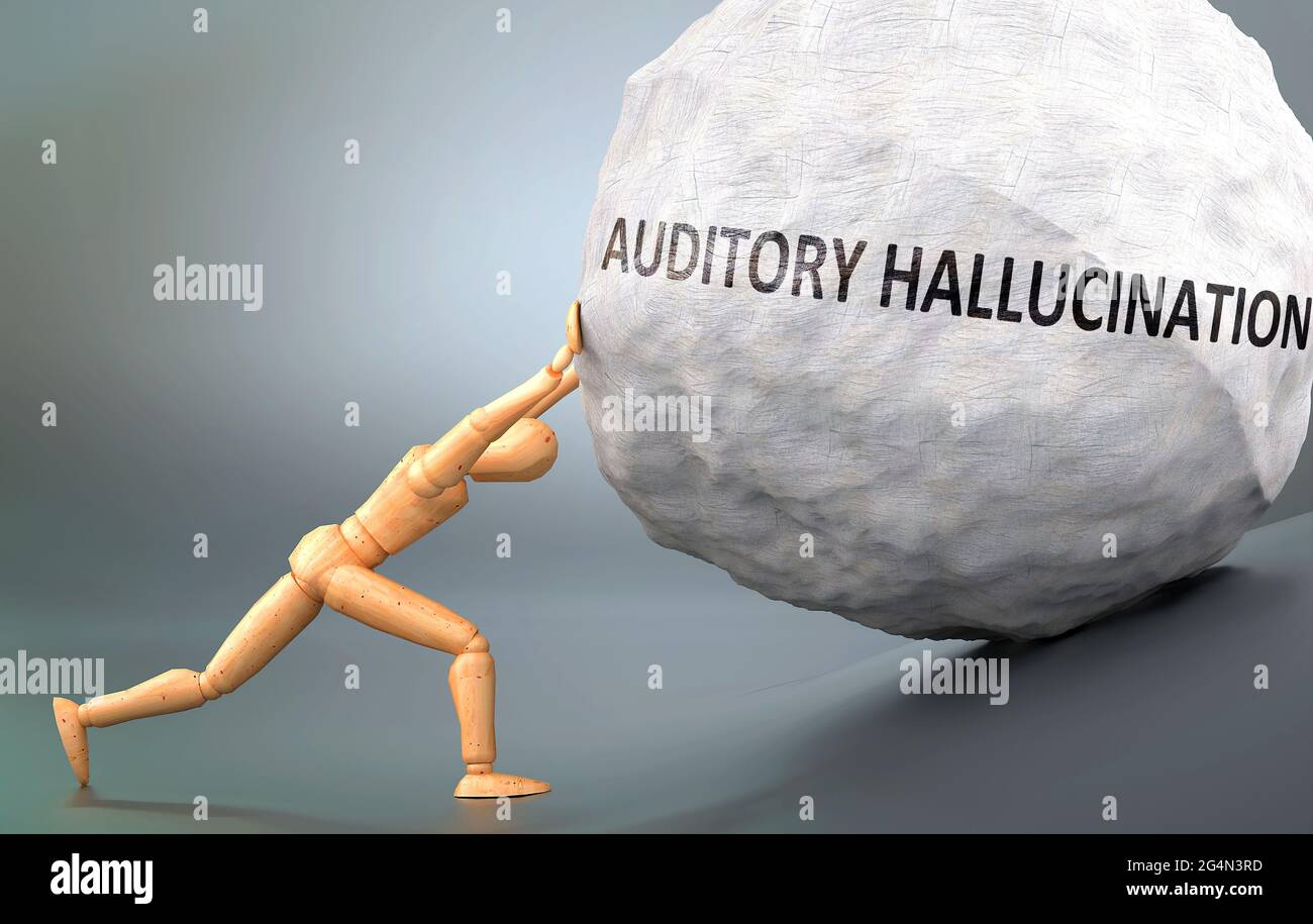 Auditory hallucination and painful human condition, pictured as a wooden human figure pushing heavy weight to show how hard it can be to deal with Aud Stock Photo