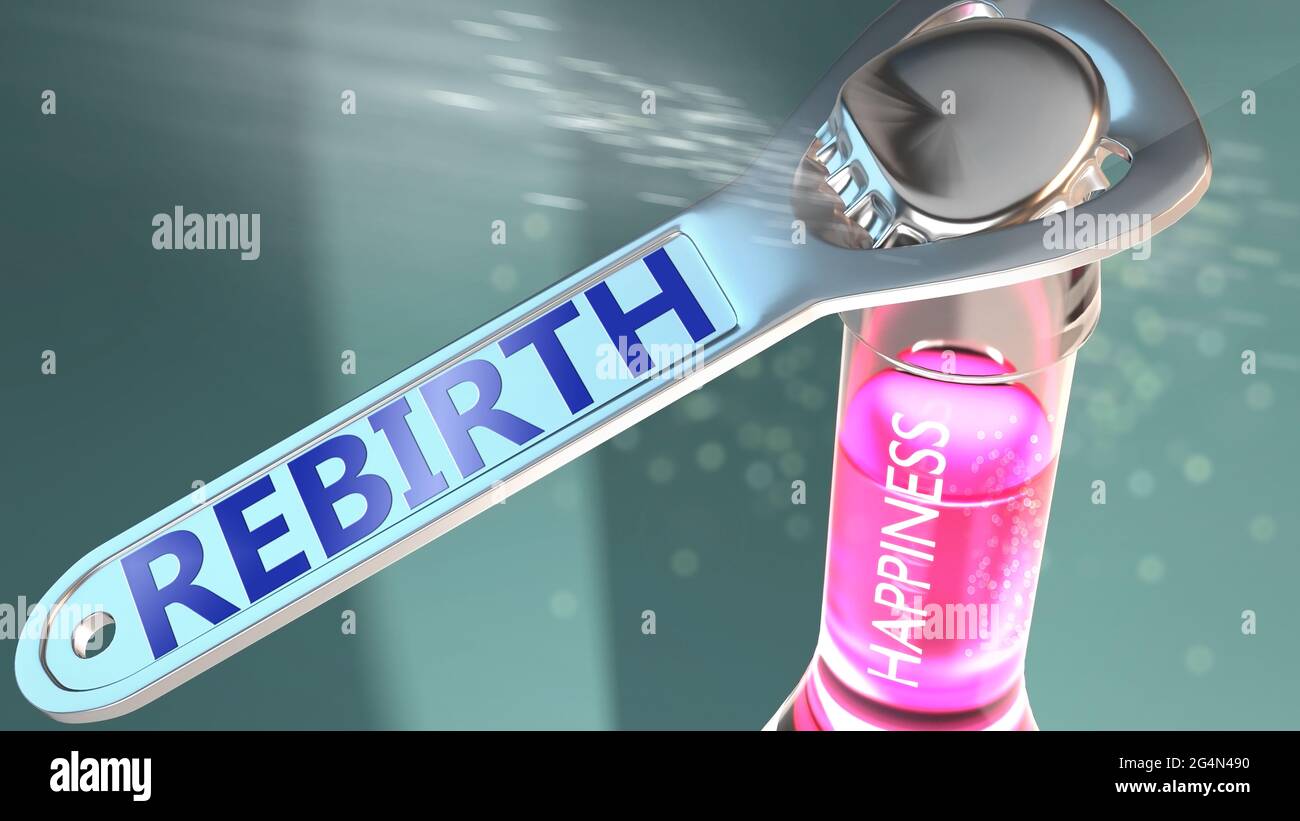 Rebirth open the way for happiness and brings joy - shown as a happy bottle opened by Rebirth to symbolize the role, effect and impact of Rebirth, its Stock Photo