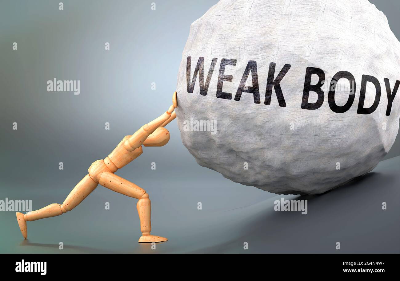 Weak body and painful human condition, pictured as a wooden human figure pushing heavy weight to show how hard it can be to deal with Weak body in hum Stock Photo