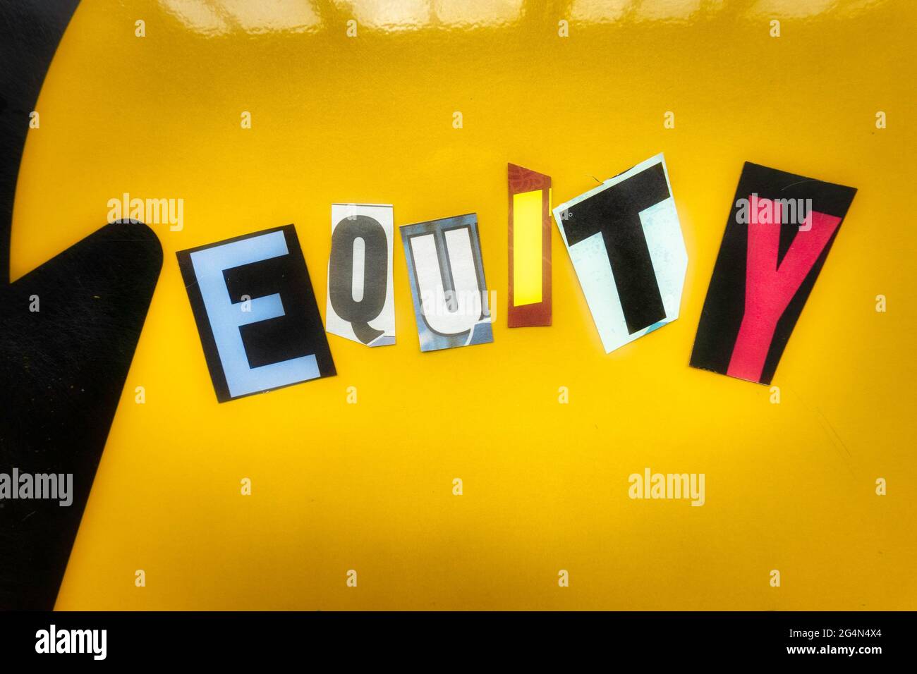 The word 'Equity' using cut-out paper letters in the ransom note effect typography Stock Photo