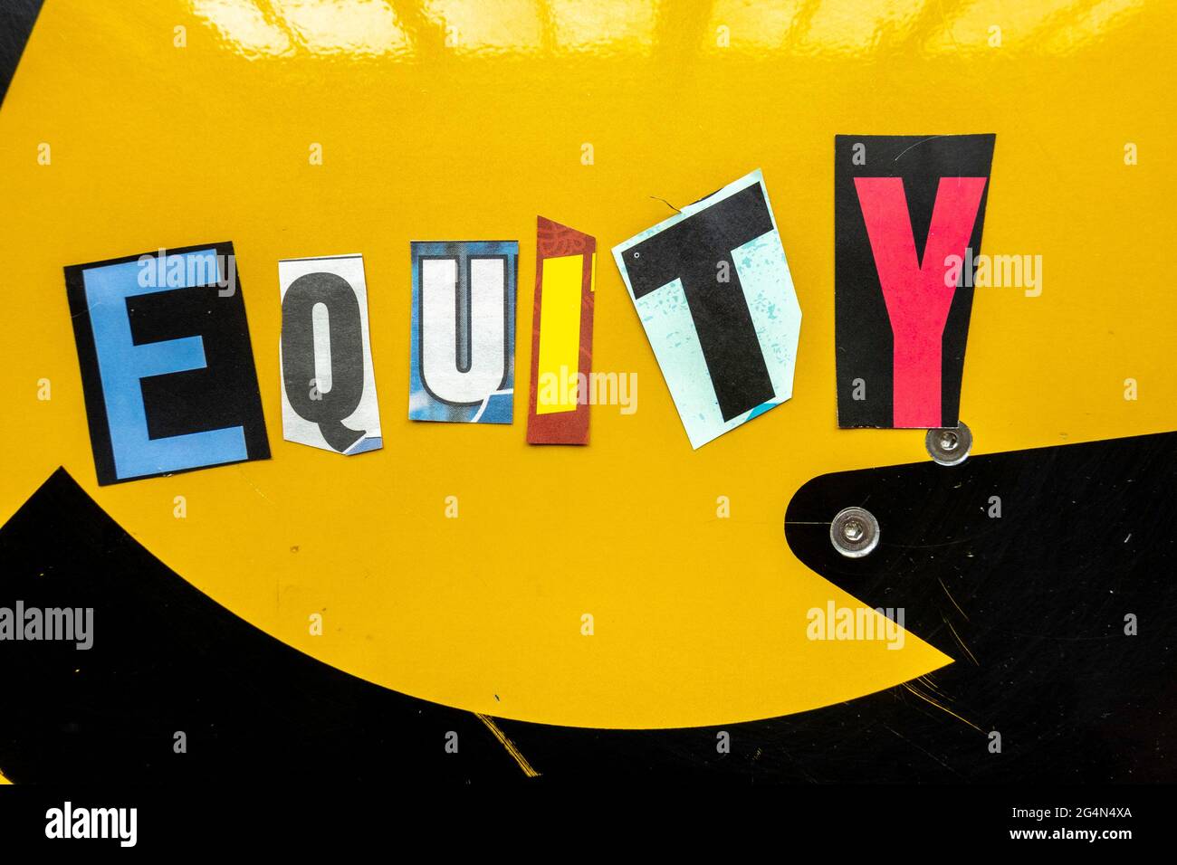 The word 'Equity' using cut-out paper letters in the ransom note effect typography Stock Photo